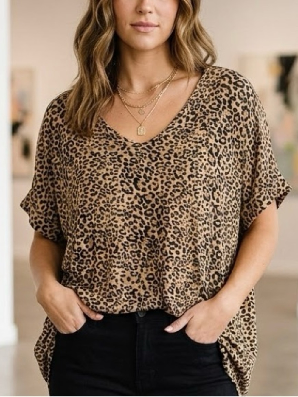 Oversized Zenana Outfitters Leopard Print V-Neck Top - Brown